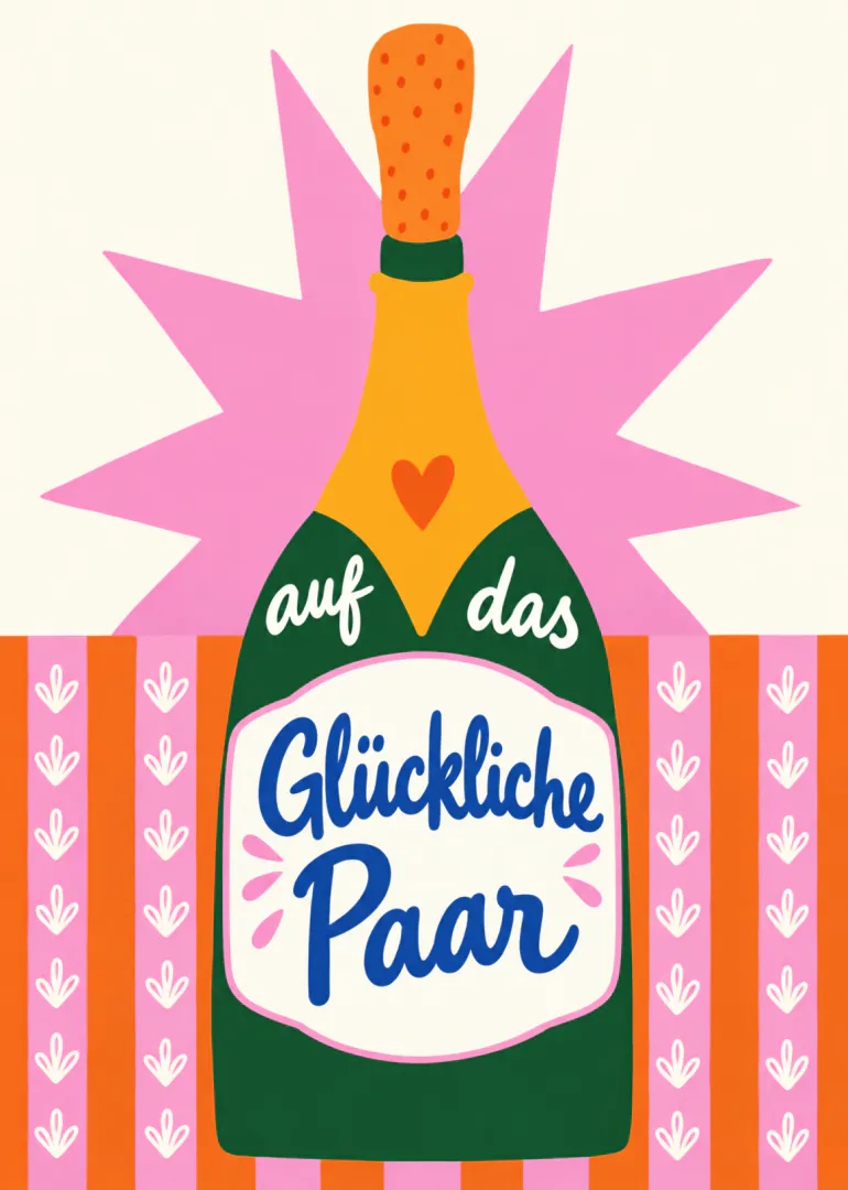 Bunte Karte mit Champagnerflasche, rosafarbener Explosion und dem Schriftzug „auf das Glückliche Paar“.