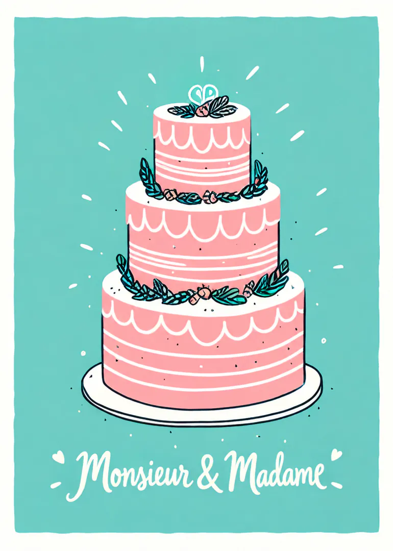 Carte turquoise avec un gâteau de mariage rose à trois étages et le texte « Monsieur & Madame » en blanc.