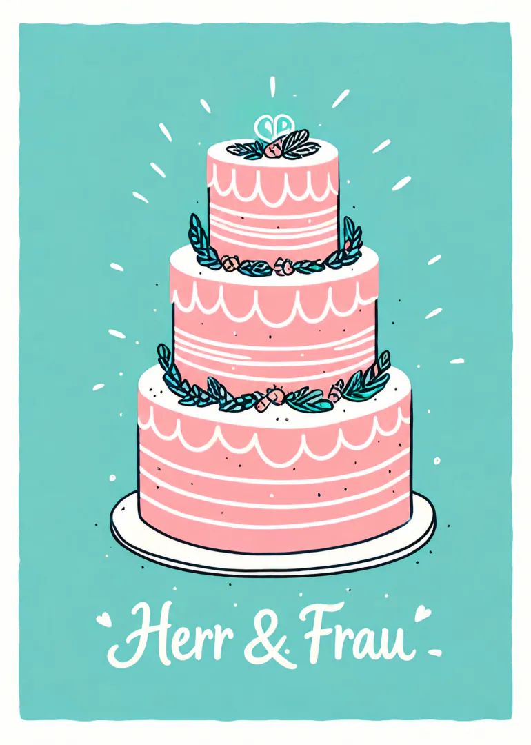 Illustration einer dreistöckigen rosa Hochzeitstorte auf türkisfarbenem Grund mit der Aufschrift „Herr & Frau“.