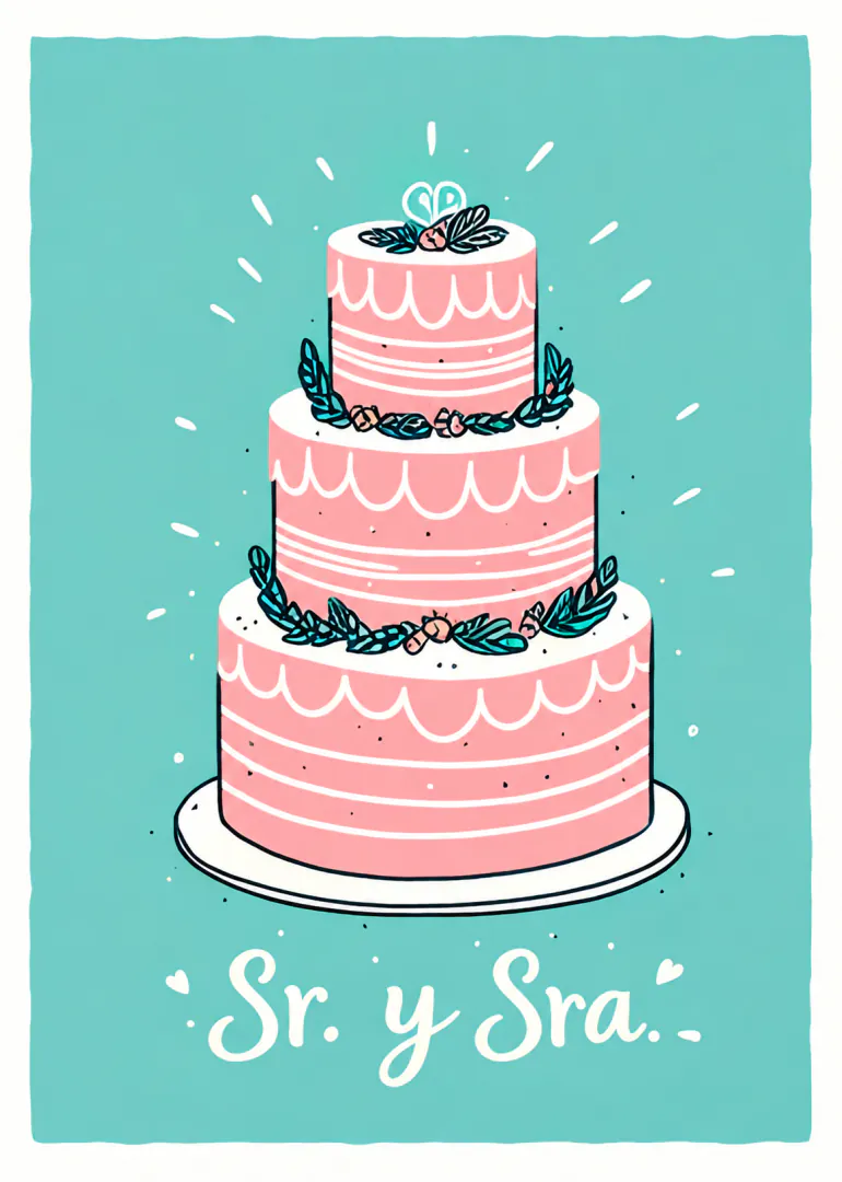 Tarjeta turquesa con una tarta de boda rosa de tres pisos y el texto «Sr. y Sra.»