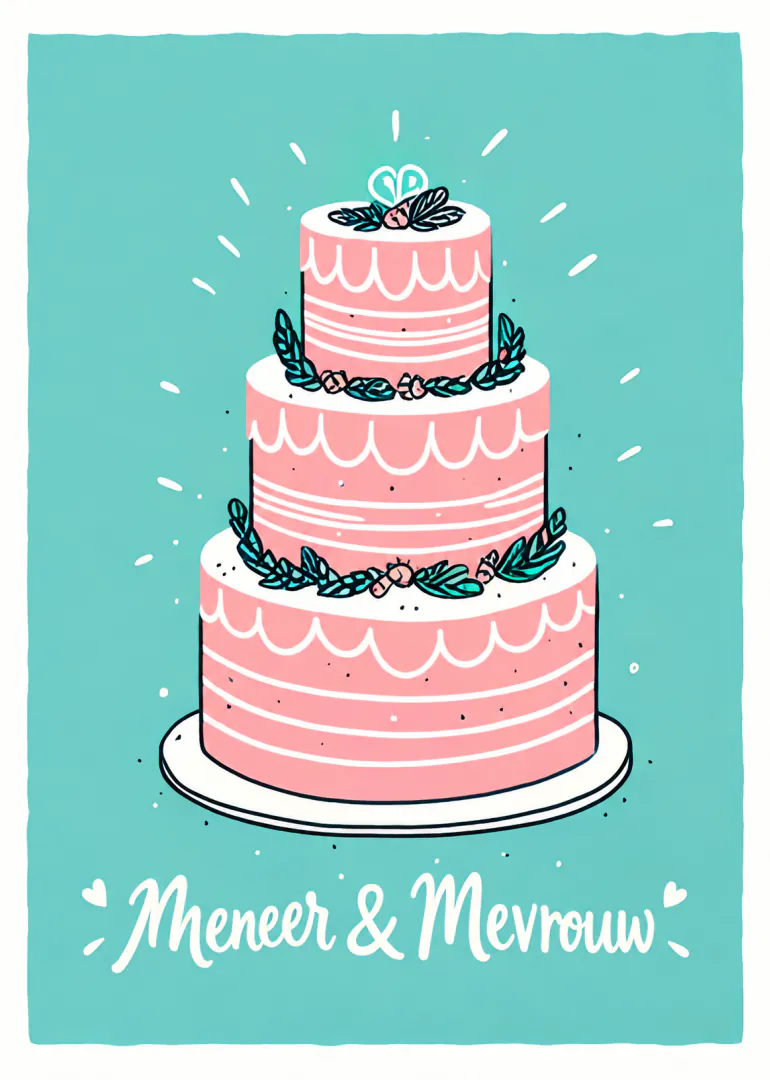 Turquoise kaart met een geïllustreerde roze bruidstaart en de tekst 'Meneer & Mevrouw'.