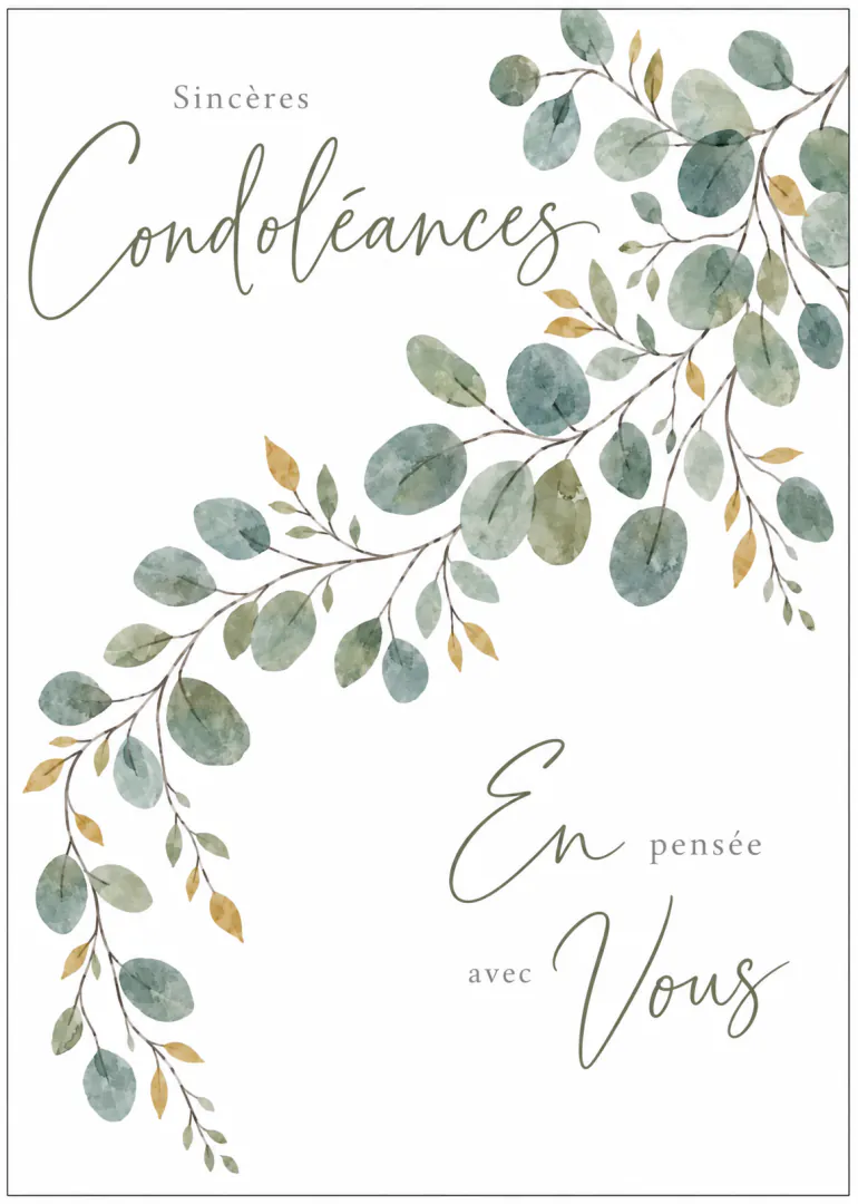 Carte blanche avec le message « Sincères Condoléances, En pensée avec Vous » et des branches de feuilles vertes aquarellées.