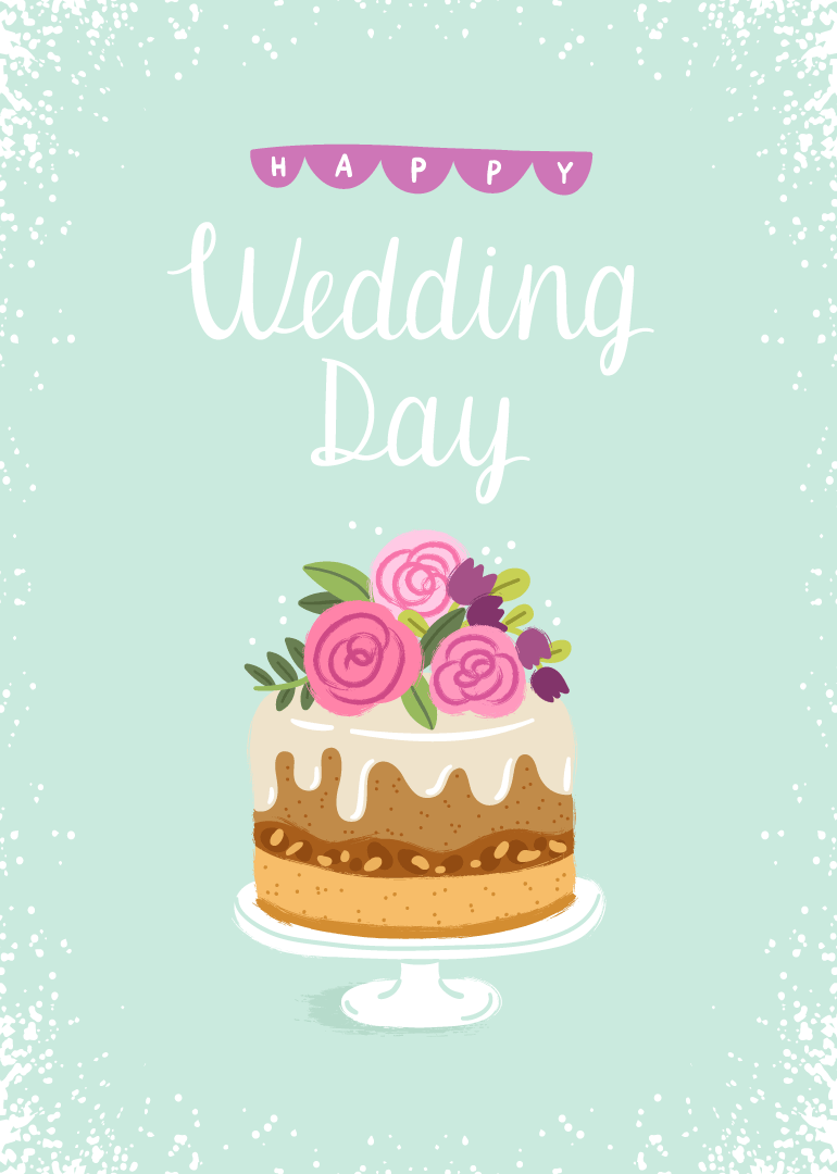 Wedding card with floral decorated cake and happy wedding day text