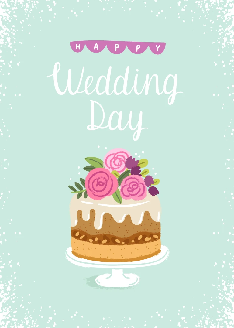 Mint green wedding card with Happy Wedding Day text and a floral cake illustration centered.