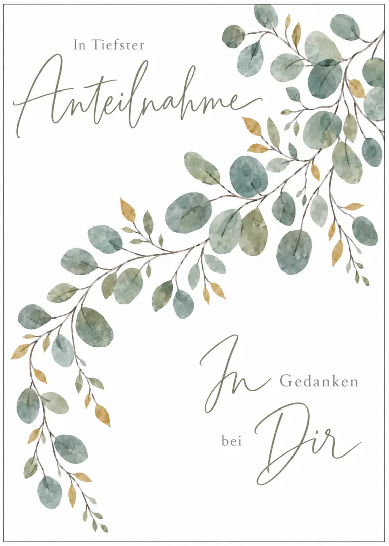 Weisse Beileidskarte mit zarten grün-grauen Blätterzweigen und handschriftlicher Anteilnahme-Botschaft.