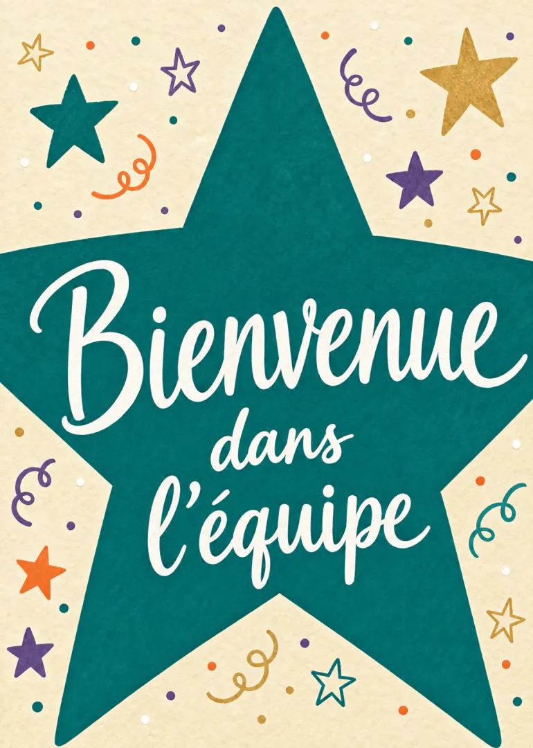 Carte beige ornée d’une grande étoile bleu sarcelle et du message « Bienvenue dans l’équipe ».