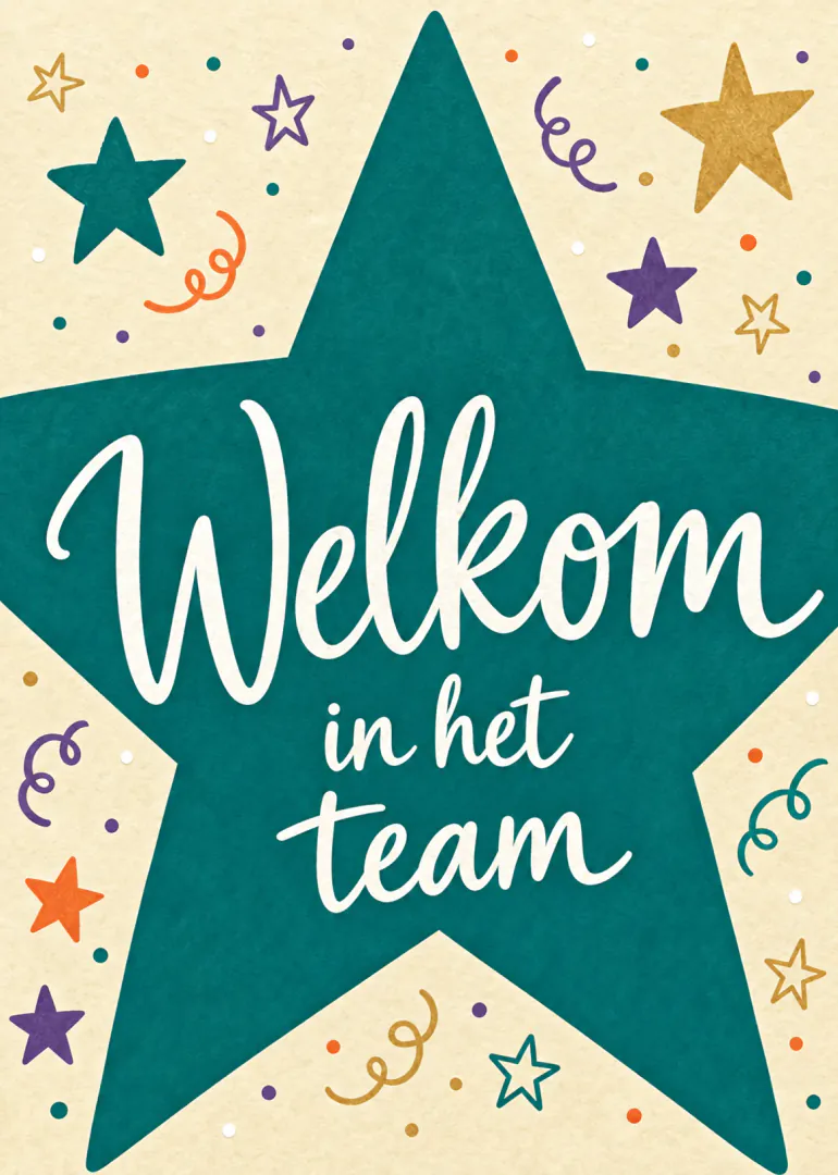 Crèmekleurige kaart met een grote groenblauwe ster, feestelijke stippen en de tekst ‘Welkom in het team’.