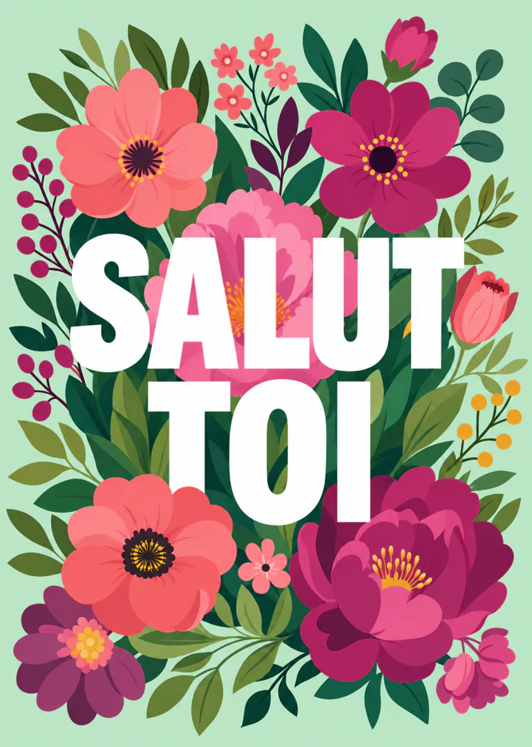 Carte vert menthe ornée de fleurs roses et bordeaux, avec le texte blanc « SALUT TOI ».