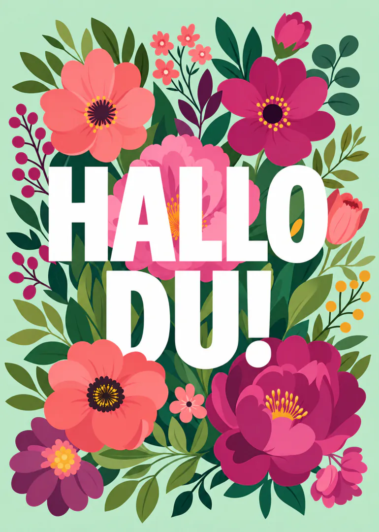 Bunte stilisierte Blumen und Blätter umrahmen den grossen weissen Schriftzug „HALLO DU!“.