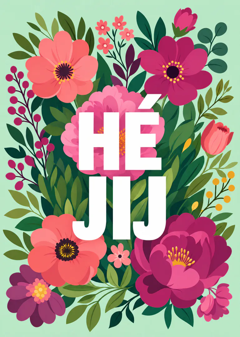 Kleurrijke kaart met grote roze en paarse bloemen, groene bladeren en de tekst 'HÉ JIJ'.