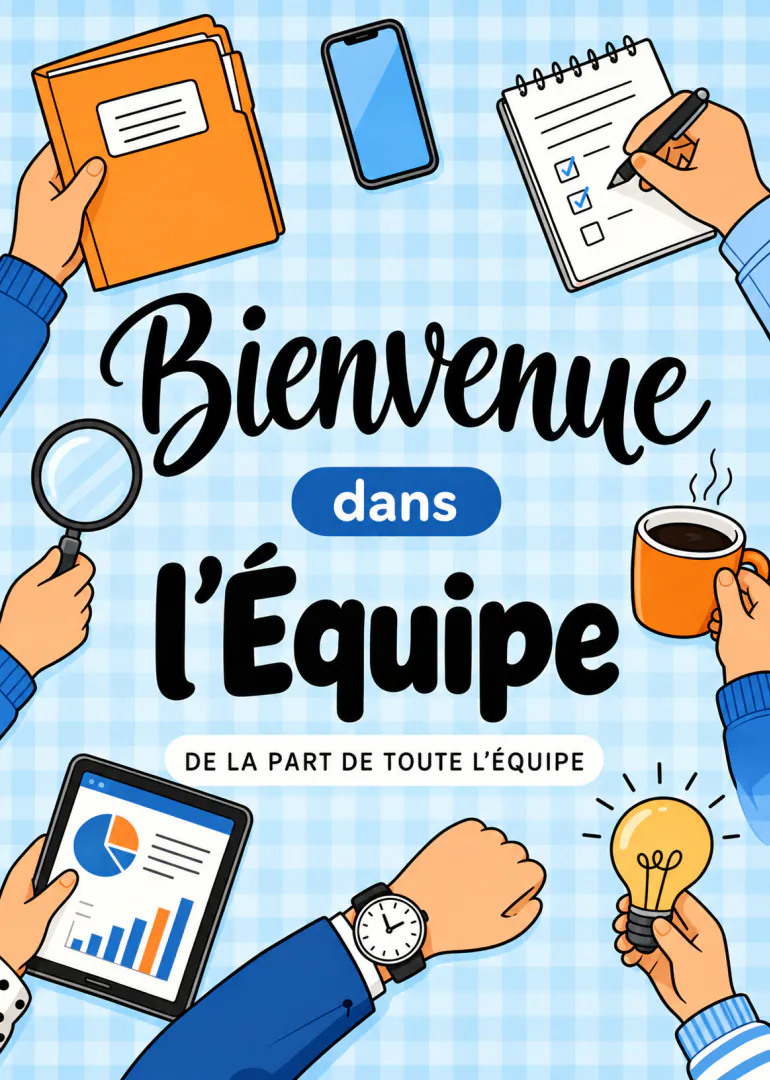 Carte illustrée bleue à carreaux avec le message « Bienvenue dans l’équipe » et des objets de bureau.