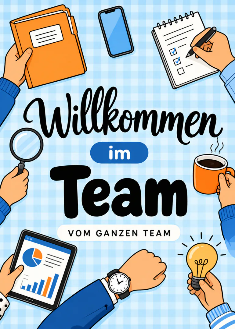 Illustrative Bürokarten mit Händen, Ordner, Notizblock, Laptop, Kaffee und dem Text „Willkommen im Team vom ganzen Team“.