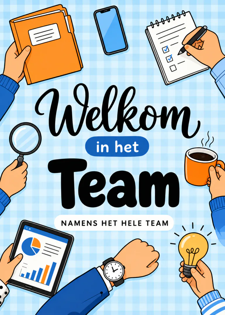 Geïllustreerde welkomstkaart met kantoorartikelen, koffie, lamp en de tekst ‘Welkom in het Team’.
