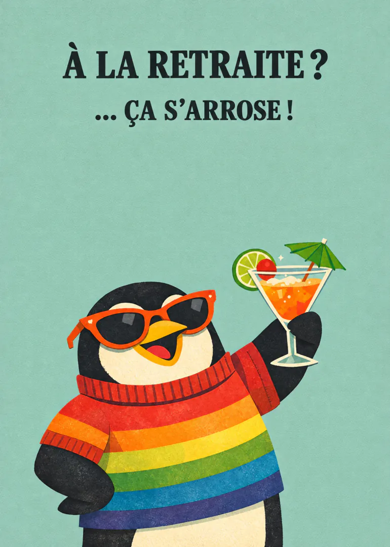 Carte turquoise montrant un pingouin en pull arc-en-ciel, lunettes orange et cocktail, avec un message humoristique sur la retraite.