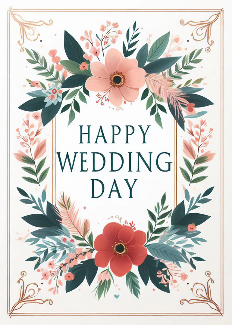 Elegant floral wedding card with pink blooms, green leaves, and Happy Wedding Day text centered.