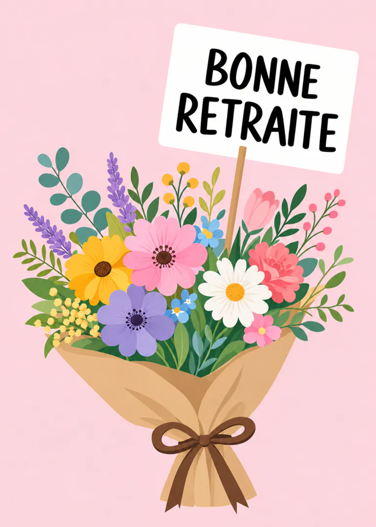 Carte rose avec un bouquet de fleurs colorées et une pancarte portant le texte « BONNE RETRAITE »