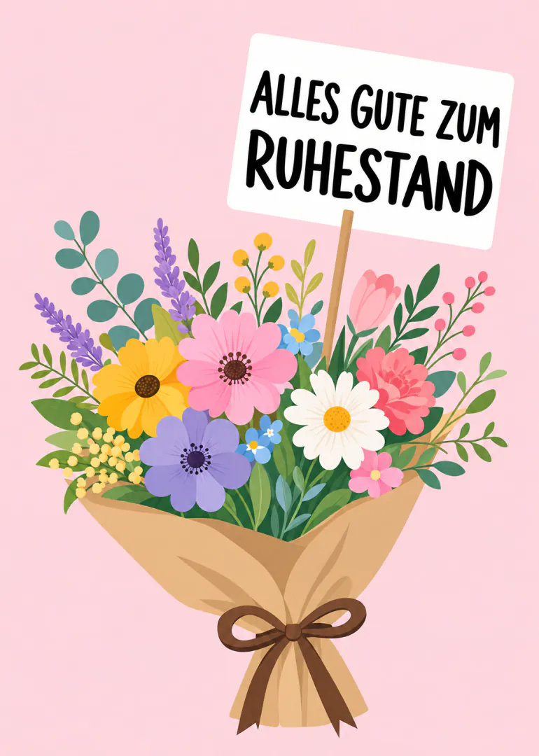 Bunte Blumen in Papiermanschette vor rosa Hintergrund mit Schild „ALLES GUTE ZUM RUHESTAND“.