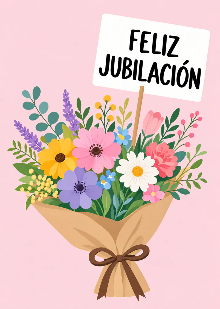 Tarjeta rosa con un ramo de flores y un cartel que dice «FELIZ JUBILACIÓN».