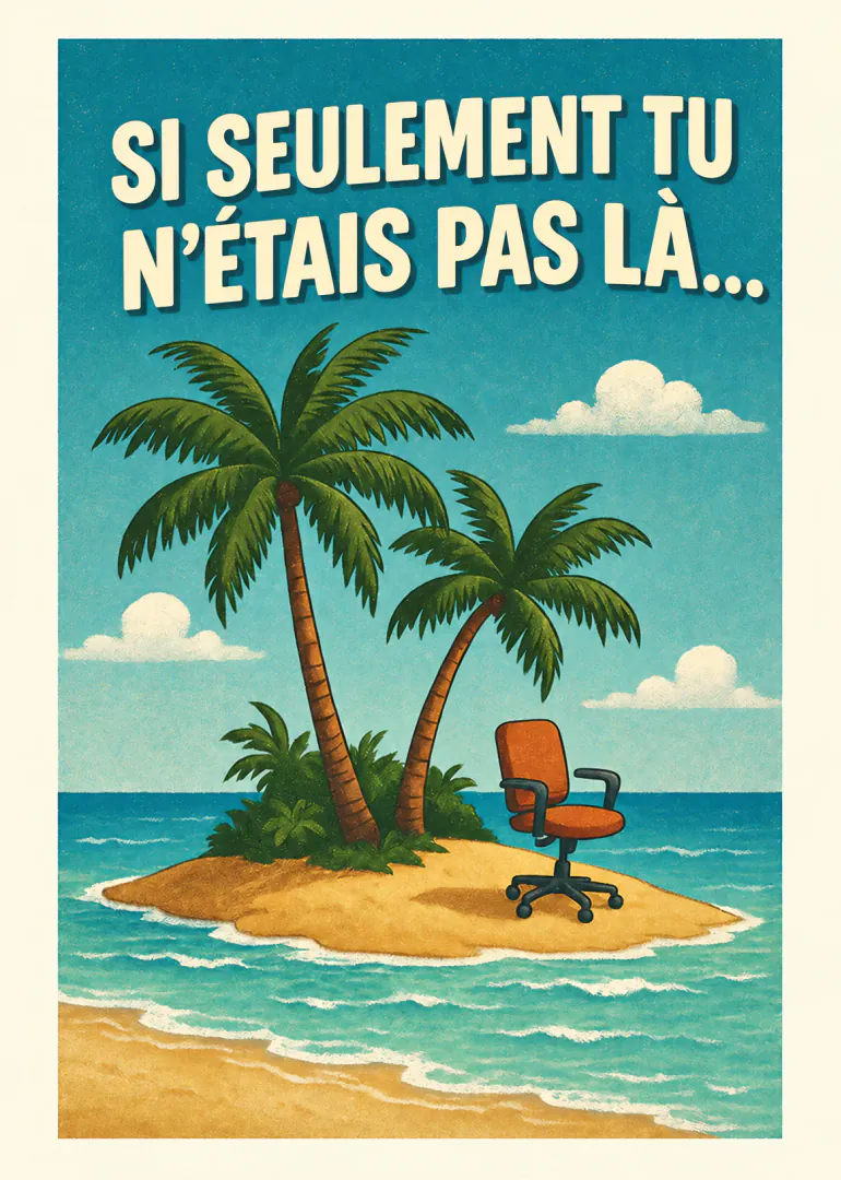 Carte rétro montrant un fauteuil de bureau sur une île tropicale, avec le texte « SI SEULEMENT TU N’ÉTAIS PAS LÀ… ».