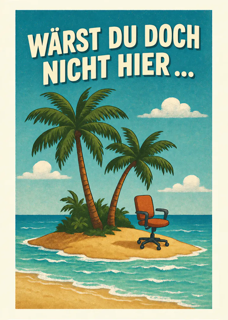 Retro-Illustration einer tropischen Insel mit Palmen, Meer und einem orangefarbenen Bürostuhl; darüber steht „WÄRST DU DOCH NICHT HIER...“.