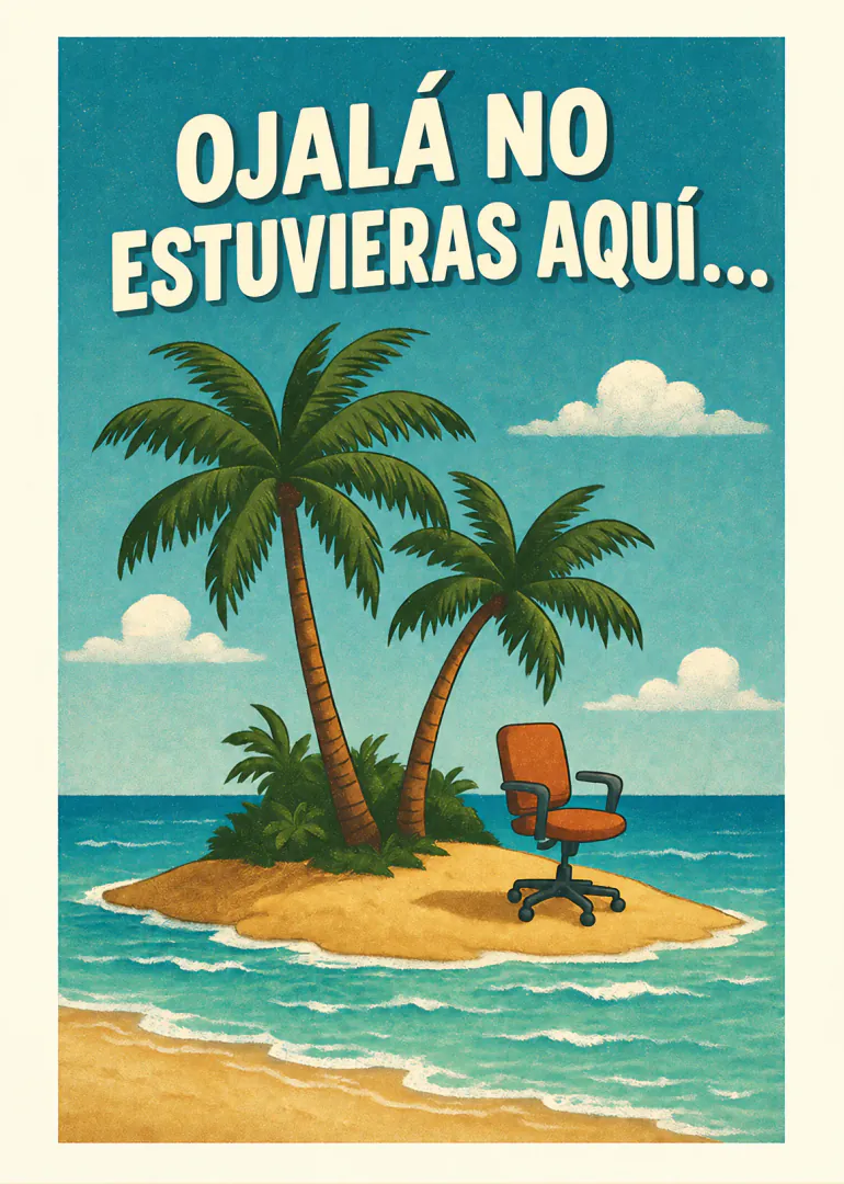 Tarjeta estilo póster retro con una isla tropical, palmeras, mar y una silla de oficina bajo el texto «OJALÁ NO ESTUVIERAS AQUÍ...».