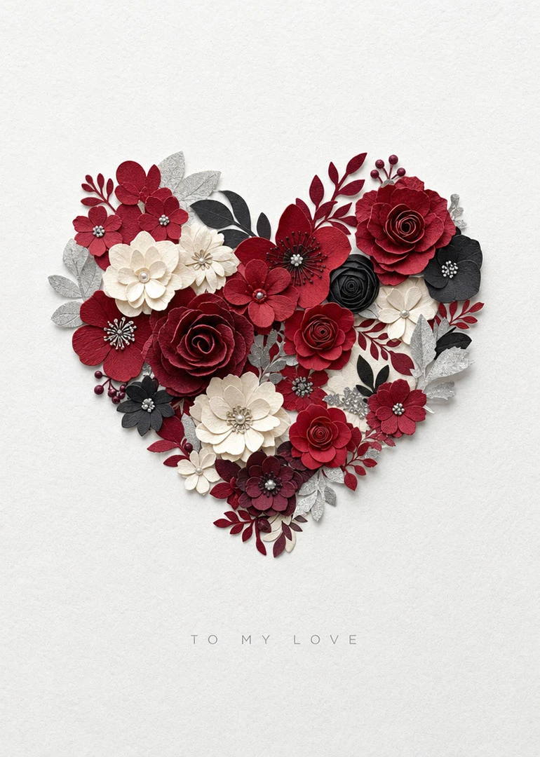 A red floral heart card with paper flowers and To My Love wording on white.