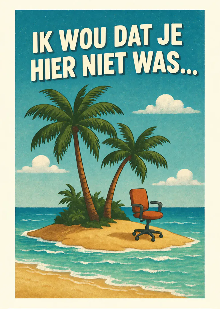 Retro illustratie van een tropisch eiland met palmbomen en een bureaustoel, met de tekst: Ik wou dat je hier niet was...