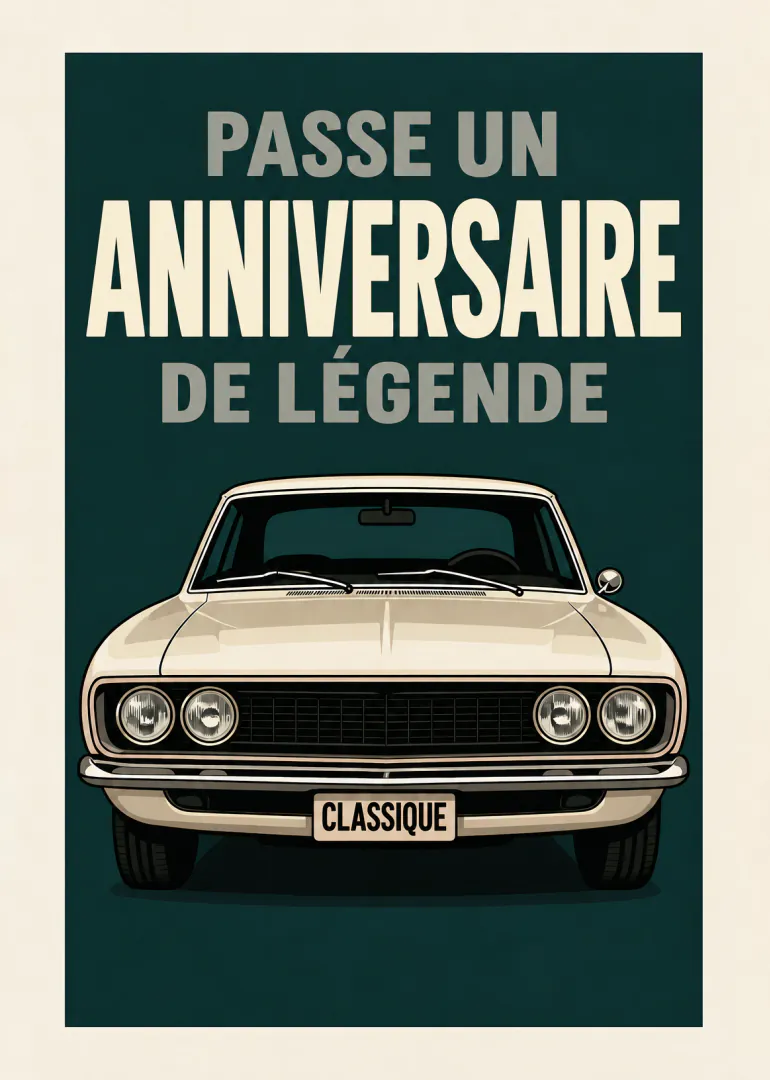Carte rétro vert foncé montrant l'avant d'une voiture classique crème, avec le message « Passe un anniversaire de légende ».