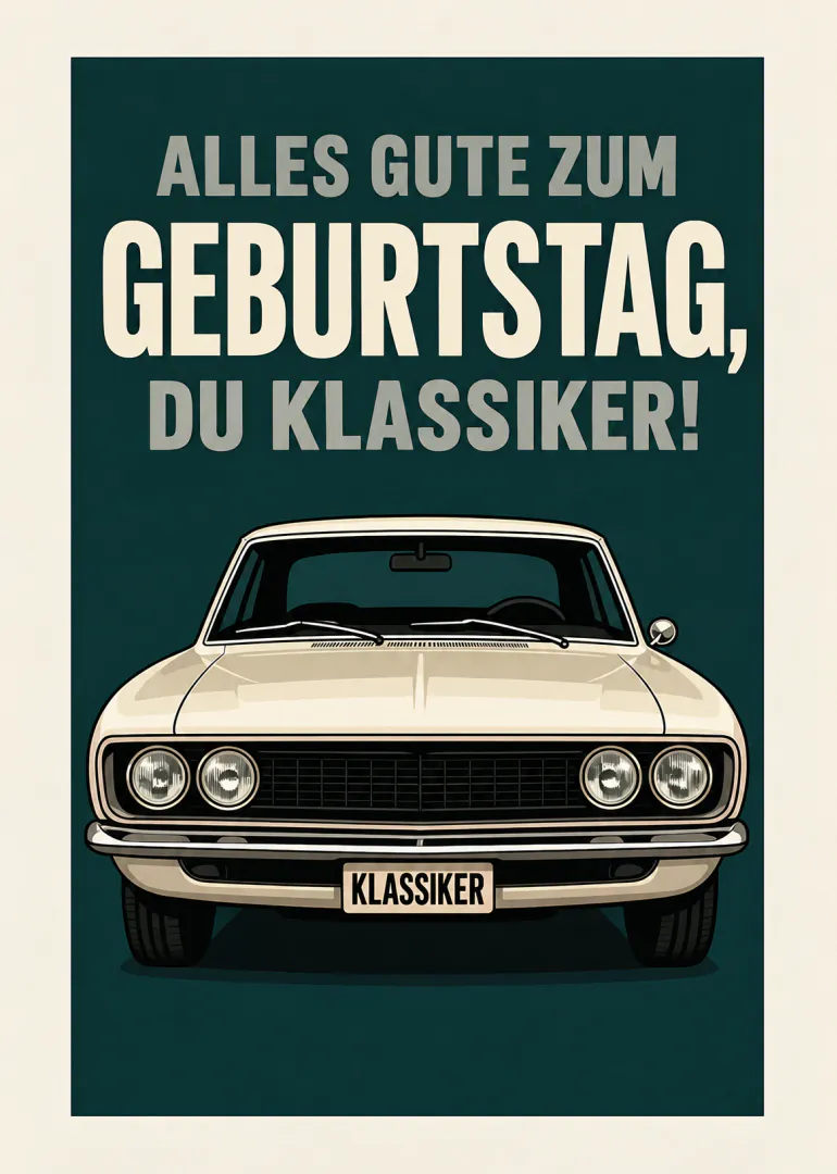 Nostalgische Geburtstagskarte mit cremefarbenem Oldtimer vor dunkelgrünem Hintergrund.