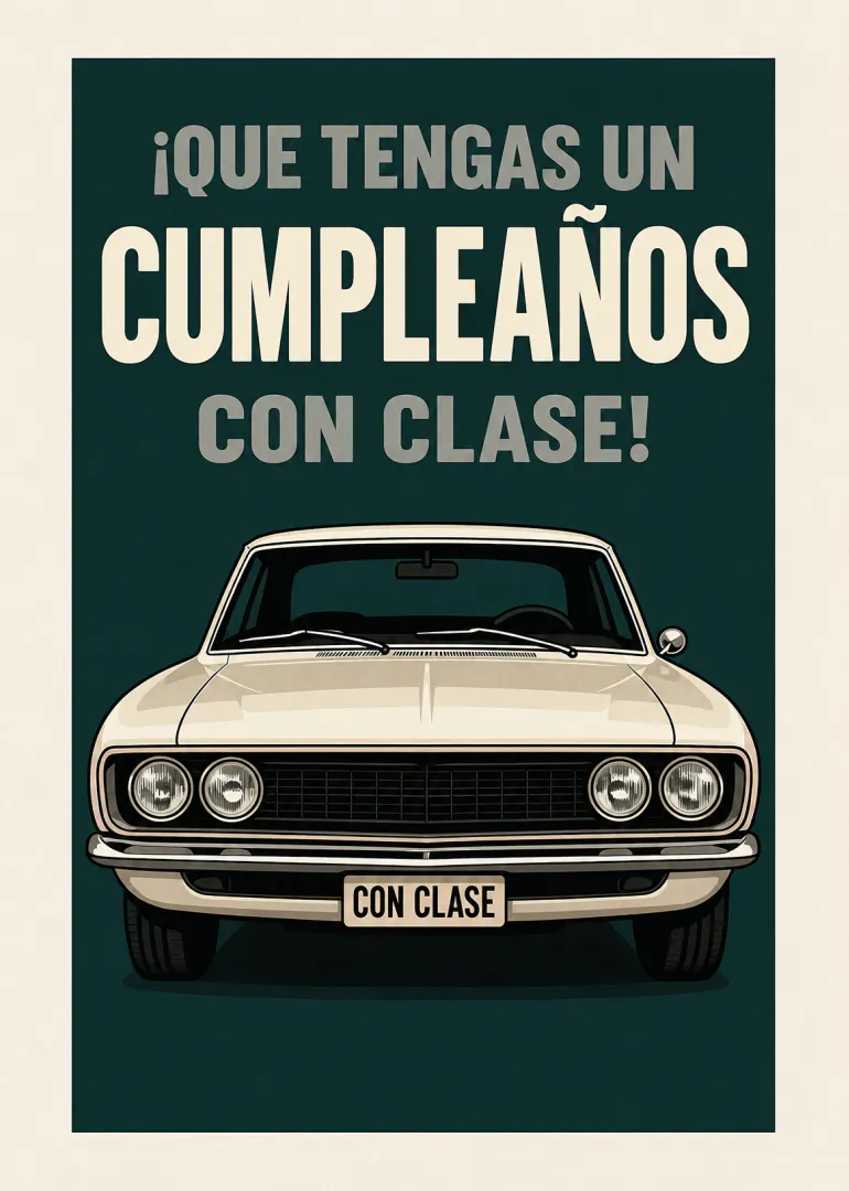 Tarjeta verde oscuro con un coche clásico color crema y el mensaje «¡QUE TENGAS UN CUMPLEAÑOS CON CLASE!».