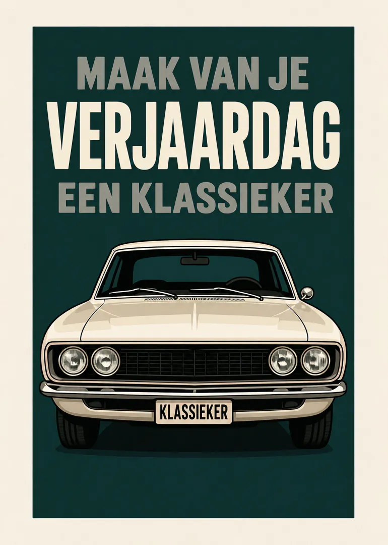 Donkergroene verjaardagskaart met grote typografie en een crème klassieke auto van voren.