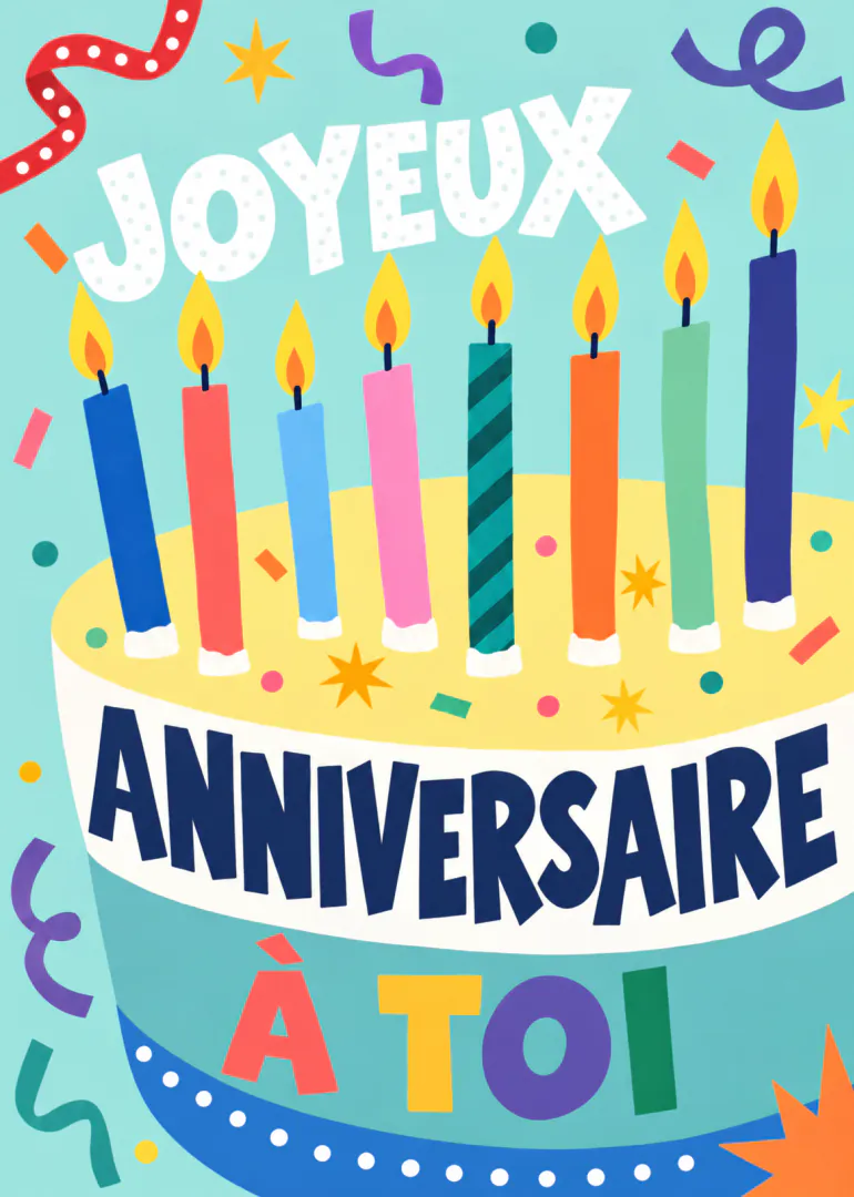Carte turquoise montrant un gâteau d’anniversaire coloré à huit bougies, avec le message « JOYEUX ANNIVERSAIRE À TOI ».