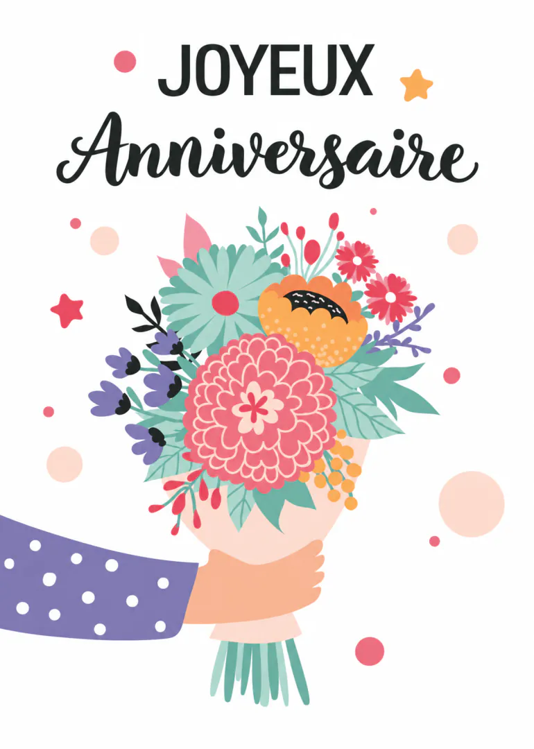 Carte blanche avec le texte « JOYEUX Anniversaire » et une main tenant un bouquet de fleurs colorées.