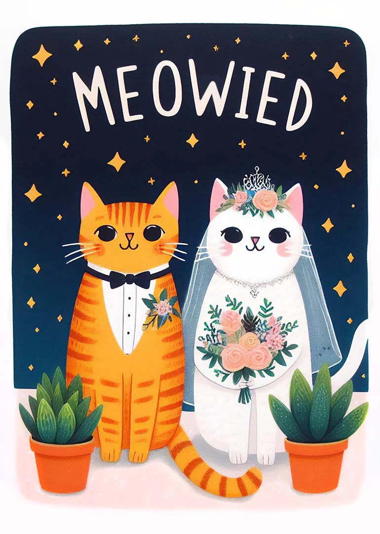 Cute cat bride and groom wedding card with meowied text, stars, flowers, and potted plants.