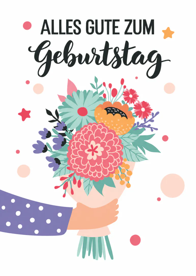 Illustration einer Hand mit buntem Blumenstrauß und dem Schriftzug „ALLES GUTE ZUM Geburtstag“.