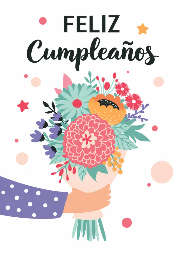 Tarjeta blanca con el texto «FELIZ Cumpleaños» y un ramo de flores coloridas sostenido por una mano.