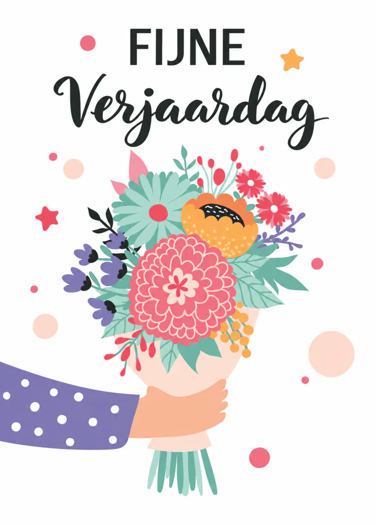 Verjaardagskaart met de tekst ‘FIJNE Verjaardag’ boven een kleurrijk bloemenboeket in een hand.
