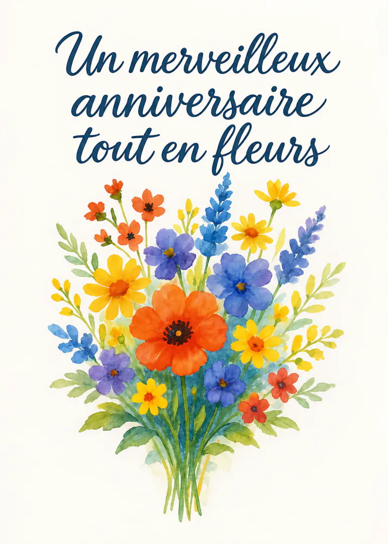 Carte blanche avec un bouquet de fleurs sauvages peintes à l’aquarelle et le message « Un merveilleux anniversaire tout en fleurs ».