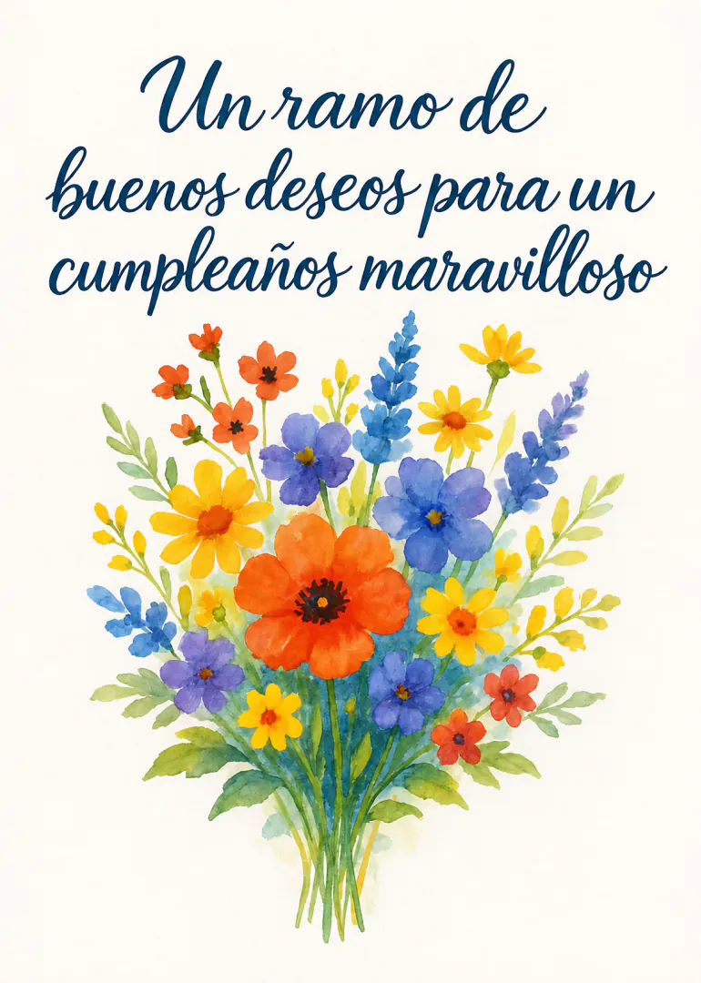 Tarjeta de cumpleaños con un colorido ramo de flores y mensaje en caligrafía azul.