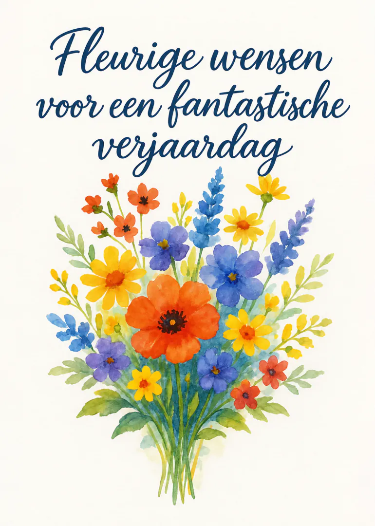 Verjaardagskaart met blauwe handgeschreven tekst en een kleurrijk boeket aquarel bloemen.