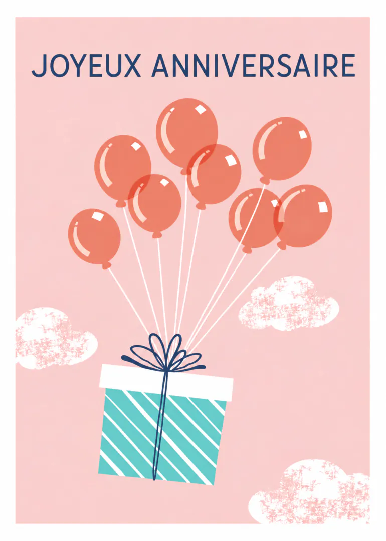 Carte rose avec le texte « JOYEUX ANNIVERSAIRE », des ballons corail et un cadeau turquoise volant dans le ciel.