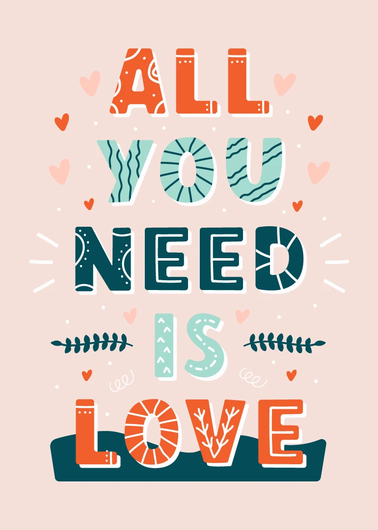 Pastel pink card reading All You Need Is Love with hearts and teal decorative lettering.
