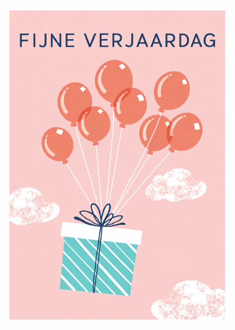 Roze verjaardagskaart met koraalkleurige ballonnen die uit een turquoise cadeau opstijgen.