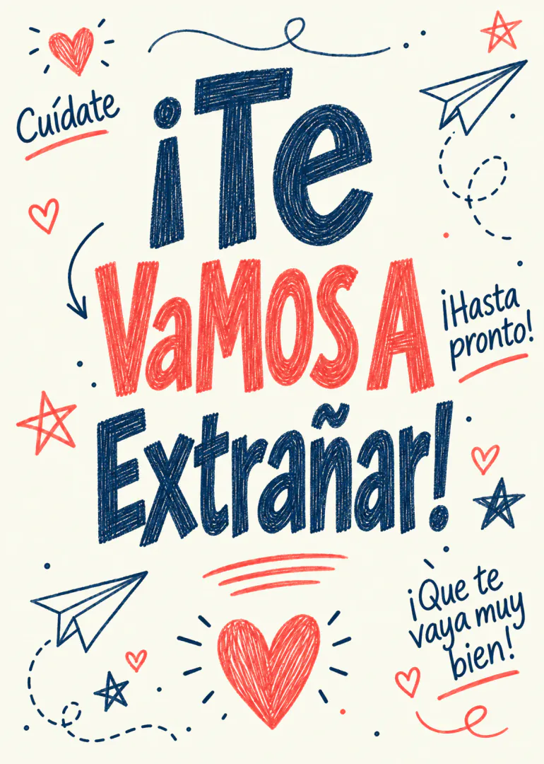 Tarjeta de despedida con el mensaje «¡Te VAMOS A Extrañar!», corazones rojos y aviones de papel azules.