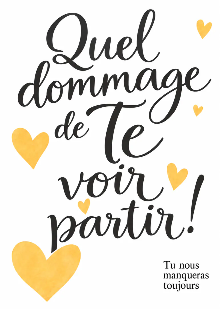 Carte blanche avec lettrage noir manuscrit, cœurs jaunes et message d’au revoir en français.