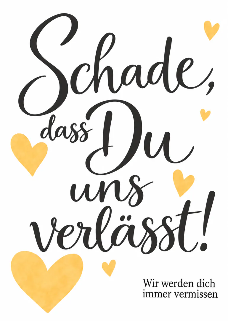 Typografische Abschiedskarte mit schwarzer Schrift und gelben Herzen auf weißem Grund.