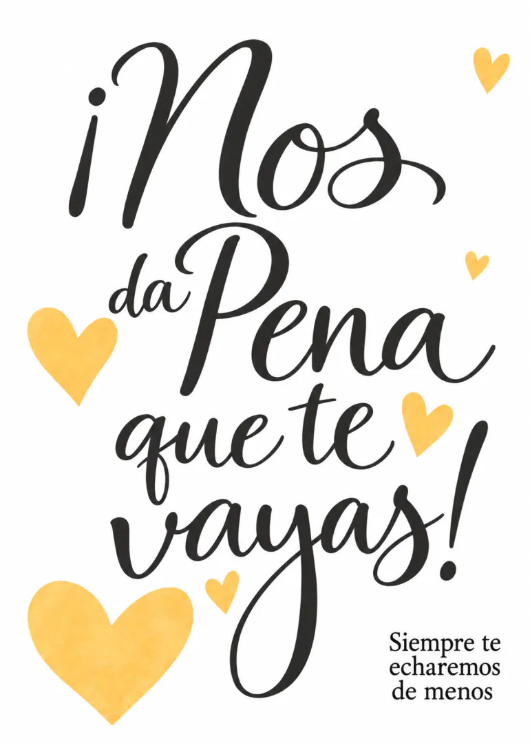 Tarjeta blanca con caligrafía negra, corazones amarillos y un mensaje de despedida en español.