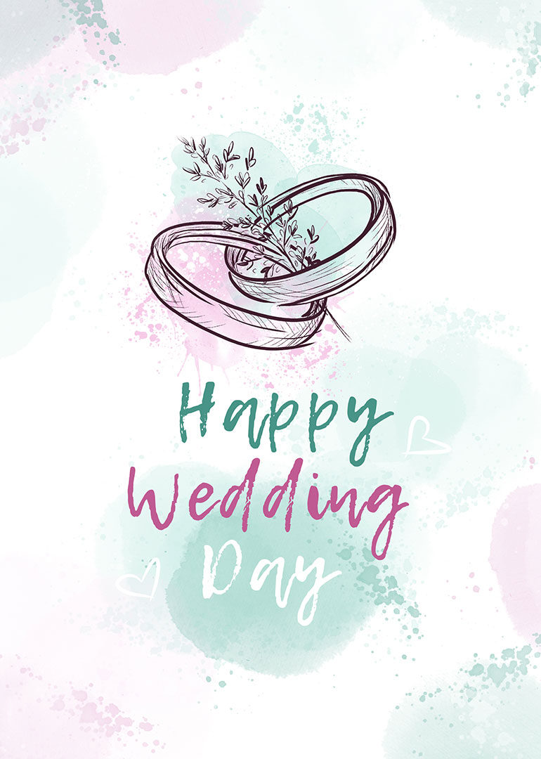 Wedding card with intertwined rings and floral detail on pastel watercolor background