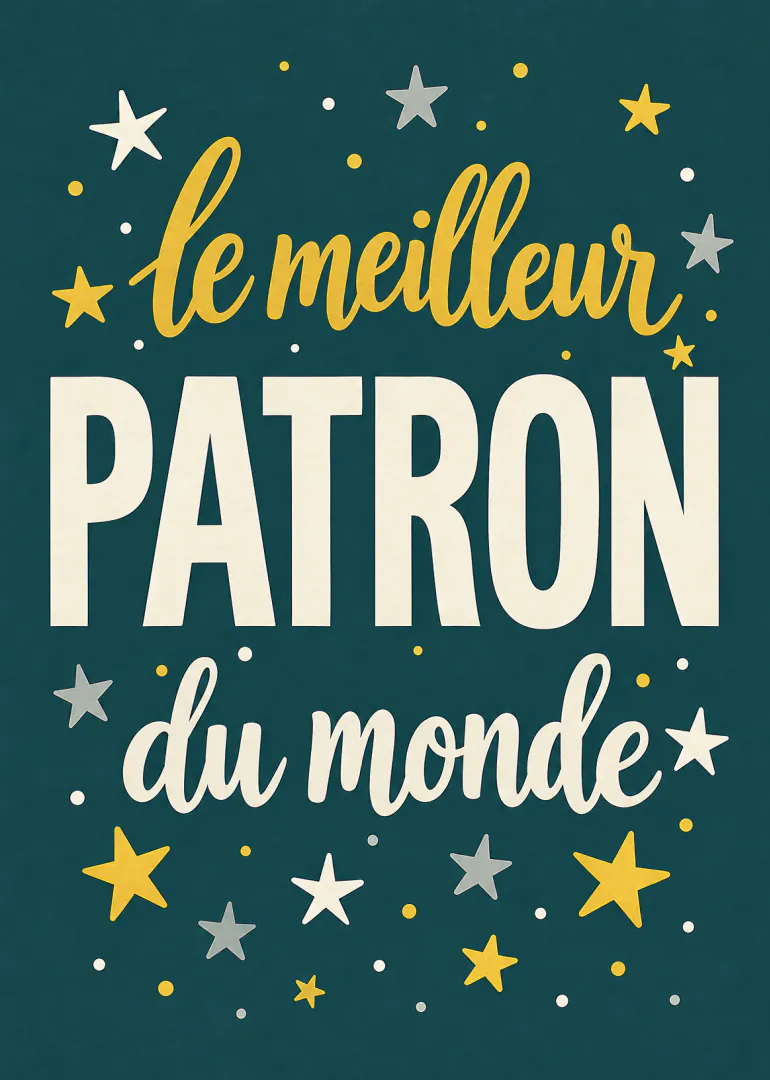 Carte bleu sarcelle avec le texte « le meilleur PAPA du monde » entouré d’étoiles jaunes, blanches et grises.