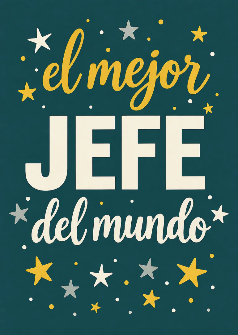 Tarjeta verde azulado con el mensaje «el mejor JEFE del mundo» en letras crema y doradas, rodeado de estrellas.